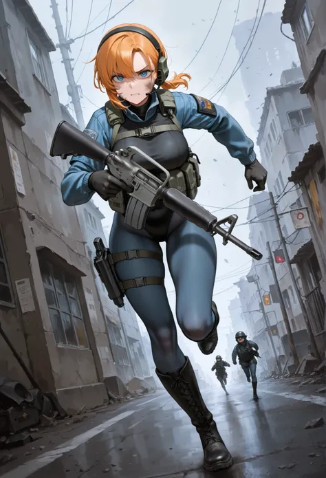 (best quality), (masterpiece), amazing quality, absurdres, highly detailed, 1girl, solo, solo focus, random hairstyles, tactical headset, black leotard, blue sleeves, black gloves, full pantyhose, blue tights, black boots, knee boots, tactical gear, c-m16,...