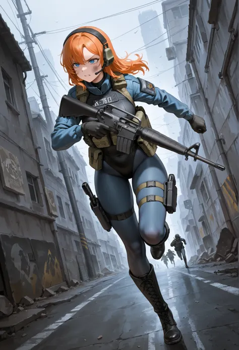 (best quality), (masterpiece), amazing quality, absurdres, highly detailed, 1girl, solo, solo focus, random hairstyles, tactical headset, black leotard, blue sleeves, black gloves, full pantyhose, blue tights, black boots, knee boots, tactical gear, c-m16,...