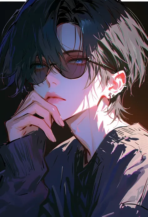 impasto, short hair, Masterpiece, best quality , 1 person , black hair with GLAY inner hair color , perfect face , GLAY Eye , handsome man , Alone, blue-white skin , adult male , upper body , Delicate line drawing, front with side View , very...