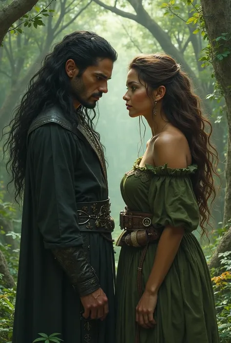 A dark skinned plus sized curvy wood elf with long waist length brown hair and beautiful green eyes standing next to a tall dark man with long black hair and black eyes