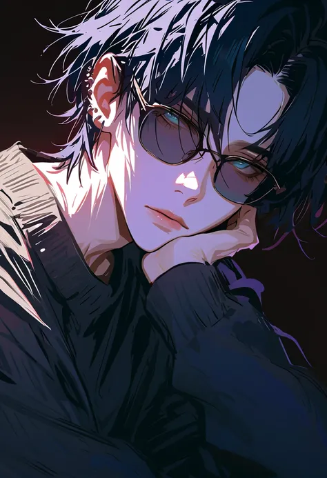 impasto, short hair, Masterpiece, best quality , 1 person , black hair with GLAY inner hair color , perfect face , GLAY Eye , handsome man , Alone, blue-white skin , adult male , upper body , Delicate line drawing, front with side View , very...