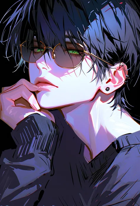 impasto, short hair, Masterpiece, best quality , 1 person , black hair with GLAY inner hair color , perfect face , GLAY Eye , handsome man , Alone, blue-white skin , adult male , upper body , Delicate line drawing, front with side View , very...