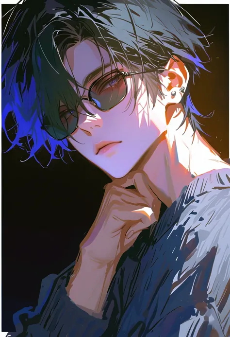 impasto, short hair, Masterpiece, best quality , 1 person , black hair with GLAY inner hair color , perfect face , GLAY Eye , handsome man , Alone, blue-white skin , adult male , upper body , Delicate line drawing, front with side View , very...