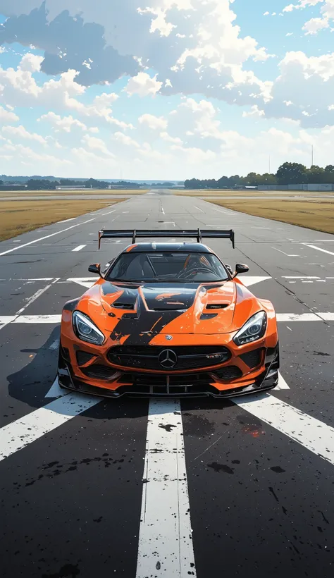 A vibrant orange and black sports car is positioned centrally on a long, paved runway. The car is a G-wagon sleek design, sitting on the runway's surface. The runway is marked with white stripes, and a grassy field is visible in the background. The sky ...