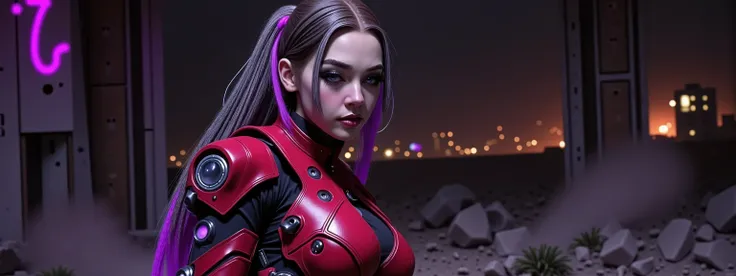 The image depicts a post-apocalyptic and artistic representation of a battle android with an intriguing blend of organic and mechanical elements. She has clearly seen battler, as both she and her armor is scraped and scratched and dirty and barely held tog...