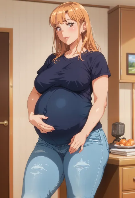 Masterpiece, 8k quality, extremely detailed, Aika sano, ane wa yanmama junyuu-chuu, indoors, orange hair, brown eyes, plump, thick thighs, big breasts, t-shirt, jeans, pregnant