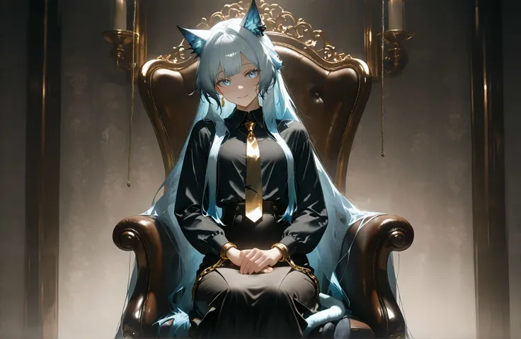 ((Alone)),((alone)),,1female,sitting on a chair,((The entrance to the skyscraper))),Beautiful light,,(face focus:1.5),((((black shirt,Gold tie,,,black long skirt,chain accessory)))),Stylish pose。,(( model pose)),,,((smile)),((rosmontis)),((rosmontis_\(arkn...
