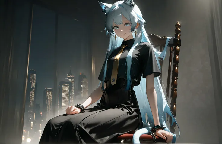 ((Alone)),((alone)),,1female,sitting on a chair,((The entrance to the skyscraper))),Beautiful light,,(face focus:1.5),((((black shirt,Gold tie,,,black long skirt,chain accessory)))),Stylish pose。,(( model pose)),,,((smile)),((rosmontis)),((rosmontis_\(arkn...