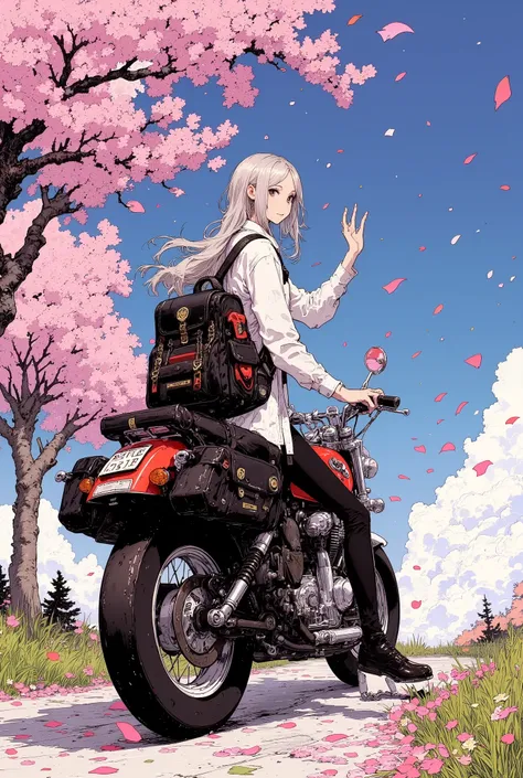 (((dramatic angle))), ((View from below and ground level shot)), (((A girl straddling a classic motorcycle, looking back at me, smiling and waving))), (((Motorcycle tail lamp clearly))), Cherry Blossom Tree-Lined Path, spring, cherry blossom tree, blue sky...