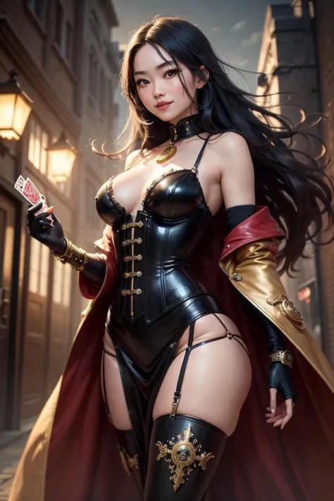 A stunning steampunk warrior woman with long, flowing black hair, wearing an intricate brass and leather corset with golden embellishments. She has a confident expression, piercing eyes, and wears a stylish no hat with gears and a monocle. In her hand, she...