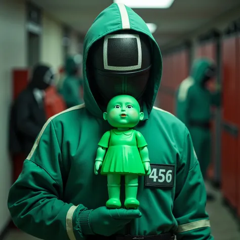 San Gi Hun From Squid Game TV Show Is Wearing A Green Squid Game Suit With The Badge Numbered as "456" and Choking The Red Light Green Light Doll...The picture should look ultra realistic and have an amazing color grading...The picture should look as if it...