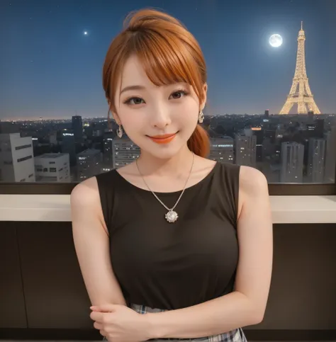  mix 4,(8k, RAW photo, best quality,  master:1.2), (realistic, photo-realistic:1.37),1 girl,cute,cityscape of Shumigaoka, Night , full moon, clear night sky　professional lighting,photon mapping,radiosity,Physically Based Rendering ,orange hair 1:3　Japanese...