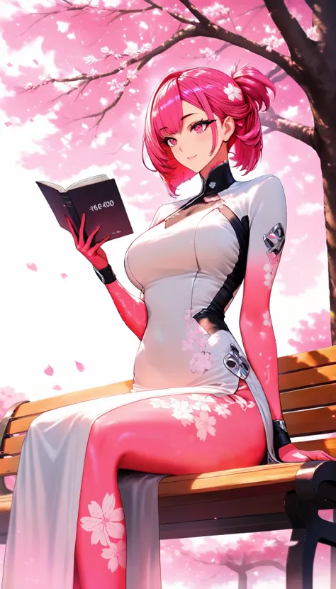 SOLO, A Female, Wearing a white dress(High slit), In a park full of cherry blossom trees, Sitting on a bench, Reading a book UHD, masterpiece, anatomically correct, textured skin, super detail, best quality, highres, 16k, 1080P