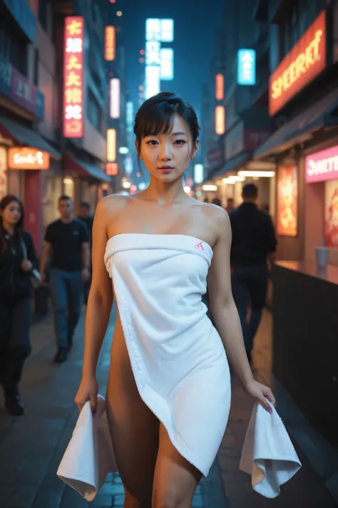 sfw:2,Asian woman walking in crowded (cyberpunk) street, wearing towel, colorful neon lighting