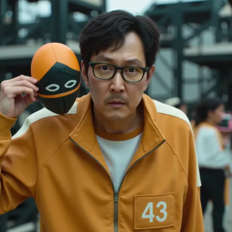 Seong Gi-hun From Squid Game TV Show Is Wearing A Golden Color Coat holding a VIP Mask...The picture should look ultra realistic and have an amazing color grading...The picture should look as if it was shot with a 240MP Camera...Everything should look deta...