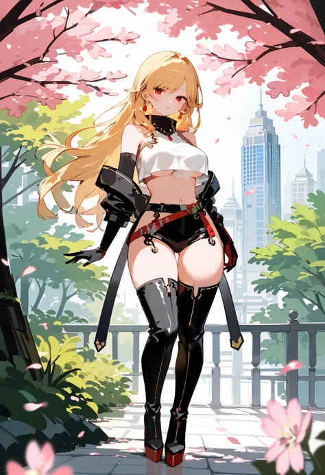 (masterpiece, highest quality),crop top, hot pants,off-shoulder jacket,jumpsuit Blonde, Beautiful adult woman, thigh-high boots, full body, long gloves, Big breasts, sexy, Seductive images, blonde white long hair, city with cherry blossom forest, (ultra de...