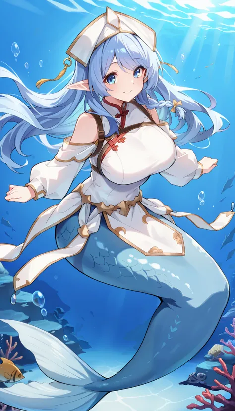(Fraction_9:0.9),Fraction_8_up,Fraction_7_up,grade_of,实际of,(zPDXL3), ( masterpiece), ( is the best quality ),(完整of五根手指), a girl ,Water Enchantress of the temple,long blue hair, blue eyes ,Elf ears,Chinese cheongsam,独自of, big breasts ,mermaid,淡蓝...