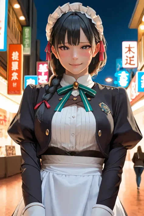 score_9,score_8_up,score_7_up, ((Best quality, 8k, Masterpiece :1.3)), (realistic, photorealistic:1.4), A pretty yuki yokoya with perfect figure:1.4, whole body shot, realistic skin, bright pupils, black hair, hair ribbon, white apron, braids, jewelry, ma...