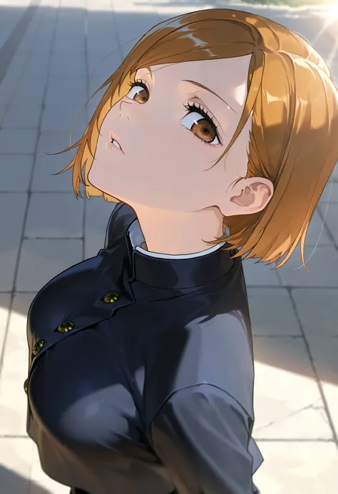 masterpiece, best quality, absurdres, highres, detailed background, 1girl, solo, kugisaki nobara, upper body, outdoors, sunlight, looking at viewer, school uniform, from above, looking up,