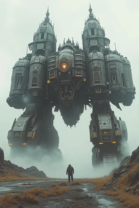 (Masterpiece, ultra-realistic, 32k, best quality, hyper-detailed, cinematic lighting, reversal film photography, film grain, intricate textures, photorealistic, dramatic composition, immersive depth, trending on ArtStation.) A colossal walking fortress, go...