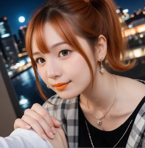 mix 4,(8k, RAW photo, best quality, master:1.2), (realistic, photo-realistic:1.37),1 girl,cute,cityscape of Shumigaoka, Night , full moon, clear night sky professional lighting,photon mapping,radiosity,Physically Based Rendering ,orange hair 1:3 Japanese...