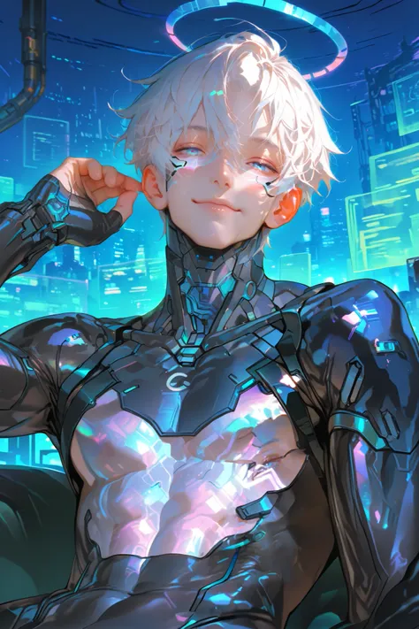 masterpiece, best quality, (Detailed Eyes: 1.2), boy, shortcut white hair, blue eye, semi realistic, toned, blue neon accessories, black cyber bodysuit, solo charactor, cyberpunk background, hologram, hologram blue halo, looking at viewer, no nipple, scrat...