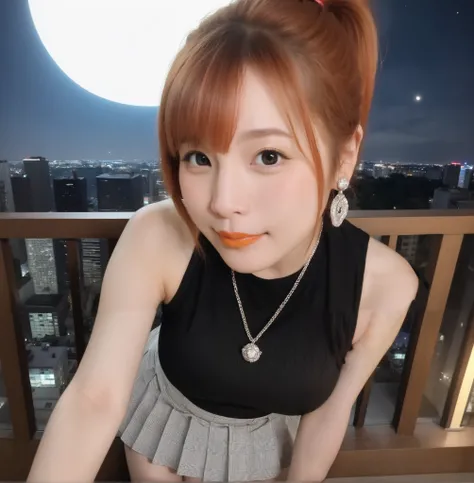 mix 4,(8k, RAW photo, best quality, master:1.2), (realistic, photo-realistic:1.37),1 girl,cute,cityscape of Shumigaoka, Night , full moon, clear night sky professional lighting,photon mapping,radiosity,Physically Based Rendering ,orange hair 1:3 Japanese...