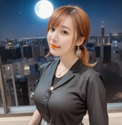 mix 4,(8k, RAW photo, best quality, master:1.2), (realistic, photo-realistic:1.37),1 girl,cute,cityscape of Shumigaoka, Night , full moon, clear night sky professional lighting,photon mapping,radiosity,Physically Based Rendering ,orange hair 1:3 Japanese...