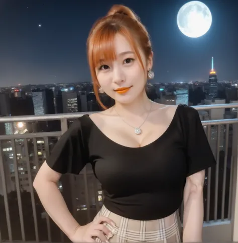 mix 4,(8k, RAW photo, best quality, master:1.2), (realistic, photo-realistic:1.37),1 girl,cute,cityscape of Shumigaoka, Night , full moon, clear night sky professional lighting,photon mapping,radiosity,Physically Based Rendering ,orange hair 1:3 Japanese...