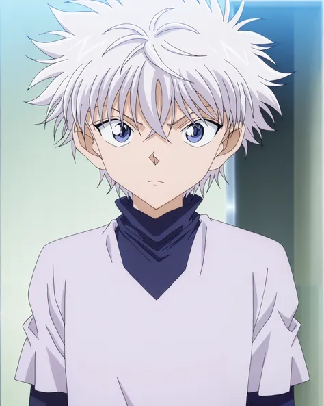 masterpiece, best quality, , anime screencap, anime coloring, , , , 1boy, solo, male focus, killua_zoldyck, white hair, blue eyes, short hair, spiked hair, bangs, messy hair, ,