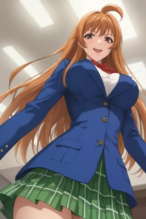 best quality,masterpiece,looking at viewer,absurdres,1girl,score_9,score_8_up,score_7_up,source_anime BREAK natsume aya,orange hair,long hair,brown eyes,ahoge,breasts,white ,skirt,bow,plaid,large breasts,jacket, plaid, green plaid skirt, blue blazer, evil...