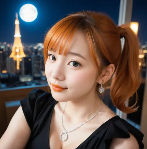 mix 4,(8k, RAW photo, best quality, master:1.2), (realistic, photo-realistic:1.37),1 girl,cute,cityscape of Shumigaoka, Night , full moon, clear night sky professional lighting,photon mapping,radiosity,physics-based rendering ,orange hair 1:3 Japanese be...