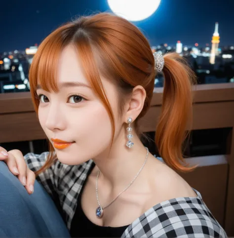 mix 4,(8k, RAW photo, best quality, master:1.2), (realistic, photo-realistic:1.37),1 girl,cute,cityscape of Shumigaoka, Night , full moon, clear night sky professional lighting,photon mapping,radiosity,physics-based rendering ,orange hair 1:3 Japanese be...