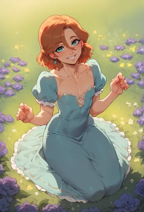 Hyper realistic, cute femboy, petite body, flat chest sitting in field of flowers, wearing a dress, flowers in his hair, smiling, beautiful lighting