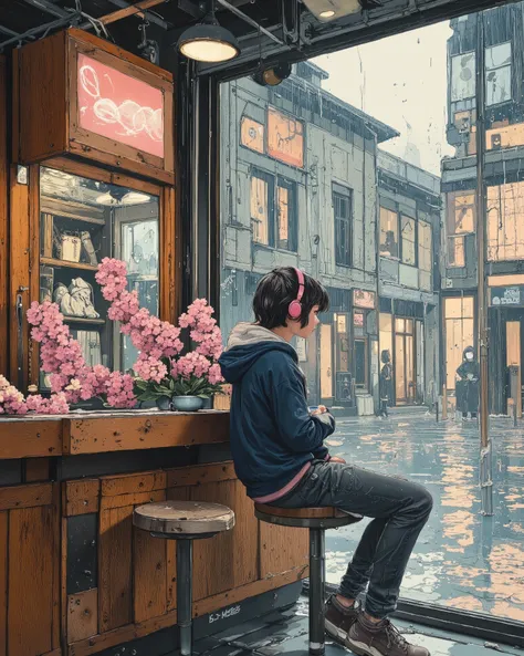 A cozy café with a wooden facade and large glass windows reflecting the wet urban street outside. A young person sits on a wooden stool at the counter, facing away, wearing a navy blue hoodie with a white hood and casual gray jeans. They have short dark ha...