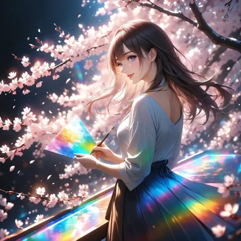 girl, alone, Dorsey , Spring break of,  
\ I'm painting with bright, colorful light under cherry blossoms in full bloom, I look down at a warm scene that conveys the arrival of spring\, 
Why don't we draw spring together？, She's for you、we offer you a spri...