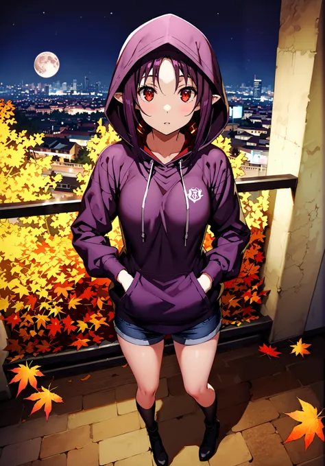 yuukiKonno, Konno Yuuki, pointed ears, purple hair, red eyes,long hair,Purple oversized hoodie ,Denim Micro Shorts,Bare legs,boots, hood up ,autumn,autumn leaves,night, full moon,is standing,put one's hands in one's hoodie pockets,綺麗なnight景,Beauti...