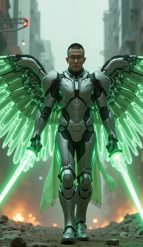The 40-year-old Vietnamese man’s face is covered in prescription glasses.
A half-human, half-machine warrior spreading giant robotic wings, glowing with streams of brilliant green energy. Glossy titanium armor that covers his body, publicly integrated Remo...