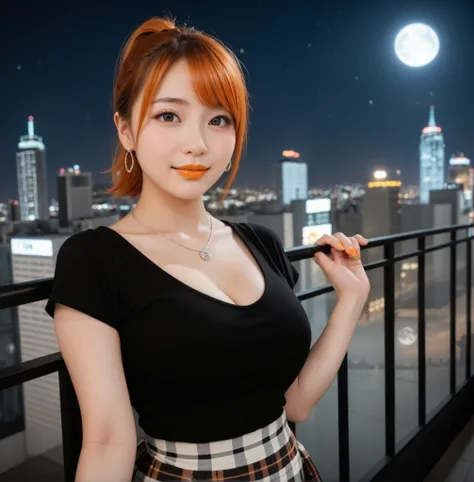  mix 4,(8k, RAW photo, best quality,  master:1.2), (realistic, photo-realistic:1.37),1 girl,cute,cityscape of Shumigaoka, Night , full moon, clear night sky　professional lighting,photon mapping,radiosity,physics-based rendering ,orange hair 1:3　Japanese be...