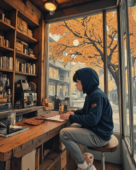 "A peaceful café with a wooden design and large glass windows reflecting the golden hues of a sunset. A young person sits on a wooden stool at the counter, gazing at their coffee, wearing a navy blue hoodie and casual gray jeans. The warm sunlight streams ...
