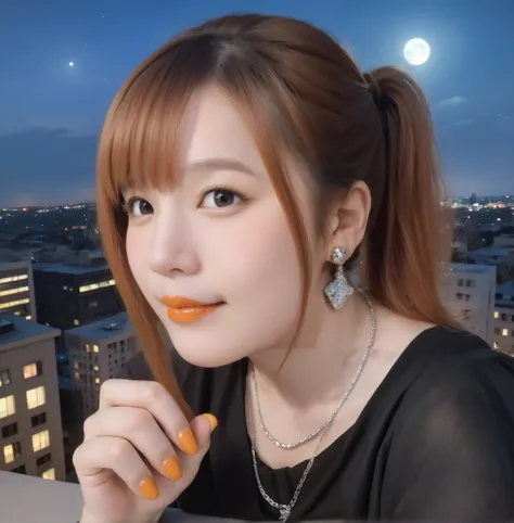 mix 4,(8k, RAW photo, best quality, master:1.2), (realistic, photo-realistic:1.37),1 girl,cute,cityscape of Shumigaoka, Night , full moon, clear night sky Professional lighting,photon mapping,radiosity,physics-based rendering ,orange hair 1:3 Japanese b...