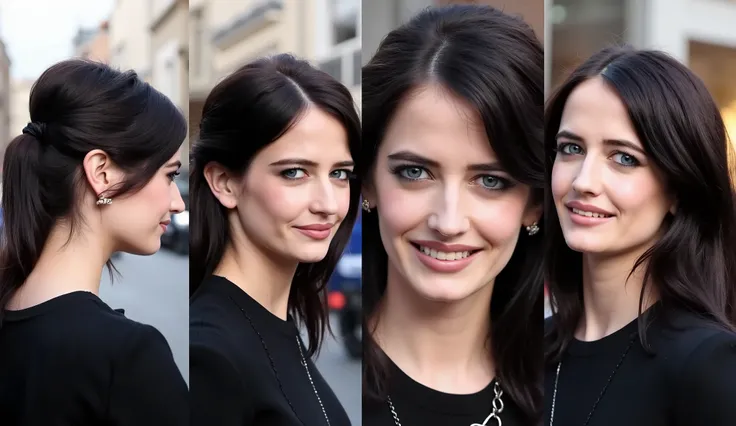 Photographic picture, super realism, divide 4 screen, different feeling face,  different angle,  front face, from back , side view, profile, French White beautiful woman, 30-age, dark brown hair, middle hair,  blue eye, cute lip, smile, black simple stage ...