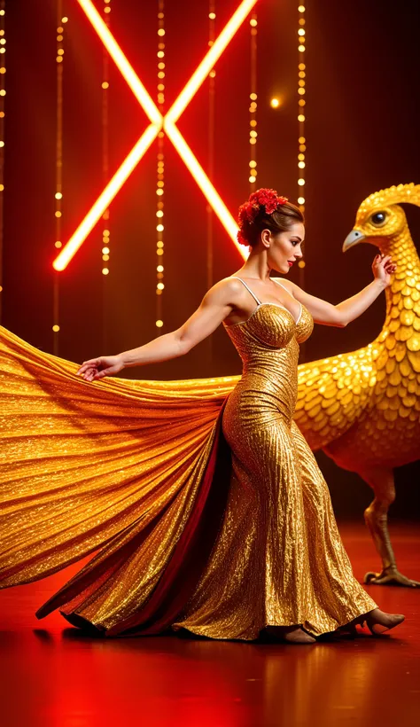 A British woman with cascading auburn hair performs a dramatic flamenco dance in a full-body gold and crimson pheasant costume, adorned with layered, shimmering feathers. A colossal golden pheasant, its long, jewel-toned tail stretching across the stage, s...