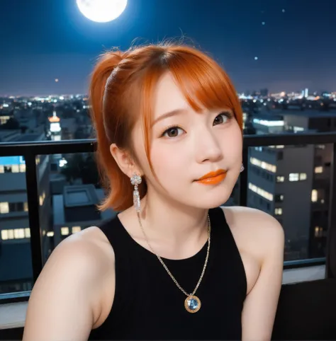 mix 4,(8k, RAW photo, best quality, master:1.2), (realistic, photo-realistic:1.37),1 girl,cute,cityscape of Shumigaoka, Night , full moon, clear night sky professional lighting,photon mapping,radiosity,physics-based rendering ,orange hair 1:3 Japanese be...