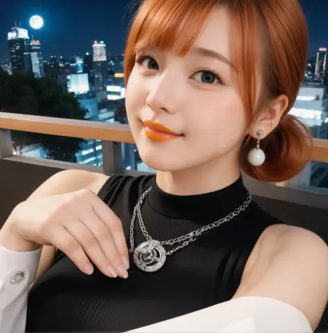 mix 4,(8k, RAW photo, best quality, master:1.2), (realistic, photo-realistic:1.37),1 girl,cute,cityscape of Shumigaoka, Night , full moon, clear night sky Professional lighting,photon mapping,radiosity,physics-based rendering ,orange hair 1:3 Japanese b...