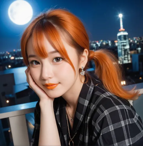 mix 4,(8k, RAW photo, best quality, master:1.2), (realistic, photo-realistic:1.37),1 girl,cute,cityscape of Shumigaoka, Night , full moon, clear night sky Professional lighting,photon mapping,radiosity,physics-based rendering ,orange hair 1:3 Japanese b...