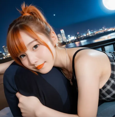 mix 4,(8k, RAW photo, best quality, master:1.2), (realistic, photo-realistic:1.37),1 girl,cute,cityscape of Shumigaoka, Night , full moon, clear night sky Professional lighting,photon mapping,radiosity,physics-based rendering ,orange hair 1:3 Japanese b...