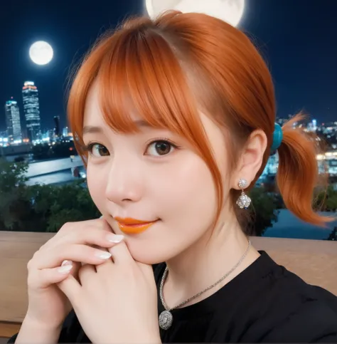 mix 4,(8k, RAW photo, best quality, master:1.2), (realistic, photo-realistic:1.37),1 girl,cute,cityscape of Shumigaoka, Night , full moon, clear night sky Professional lighting,photon mapping,radiosity,physics-based rendering ,orange hair 1:3 Japanese b...