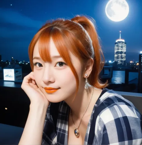 mix 4,(8k, RAW photo, best quality, master:1.2), (realistic, photo-realistic:1.37),1 girl,cute,cityscape of Shumigaoka, Night , full moon, clear night sky Professional lighting,photon mapping,radiosity,physics-based rendering ,orange hair 1:3 Japanese b...