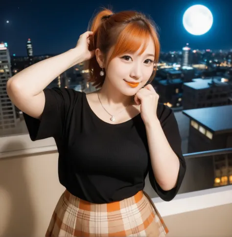 mix 4,(8k, RAW photo, best quality, master:1.2), (realistic, photo-realistic:1.37),1 girl,cute,cityscape of Shumigaoka, Night , full moon, clear night sky Professional lighting,photon mapping,radiosity,physics-based rendering ,orange hair 1:3 Japanese b...